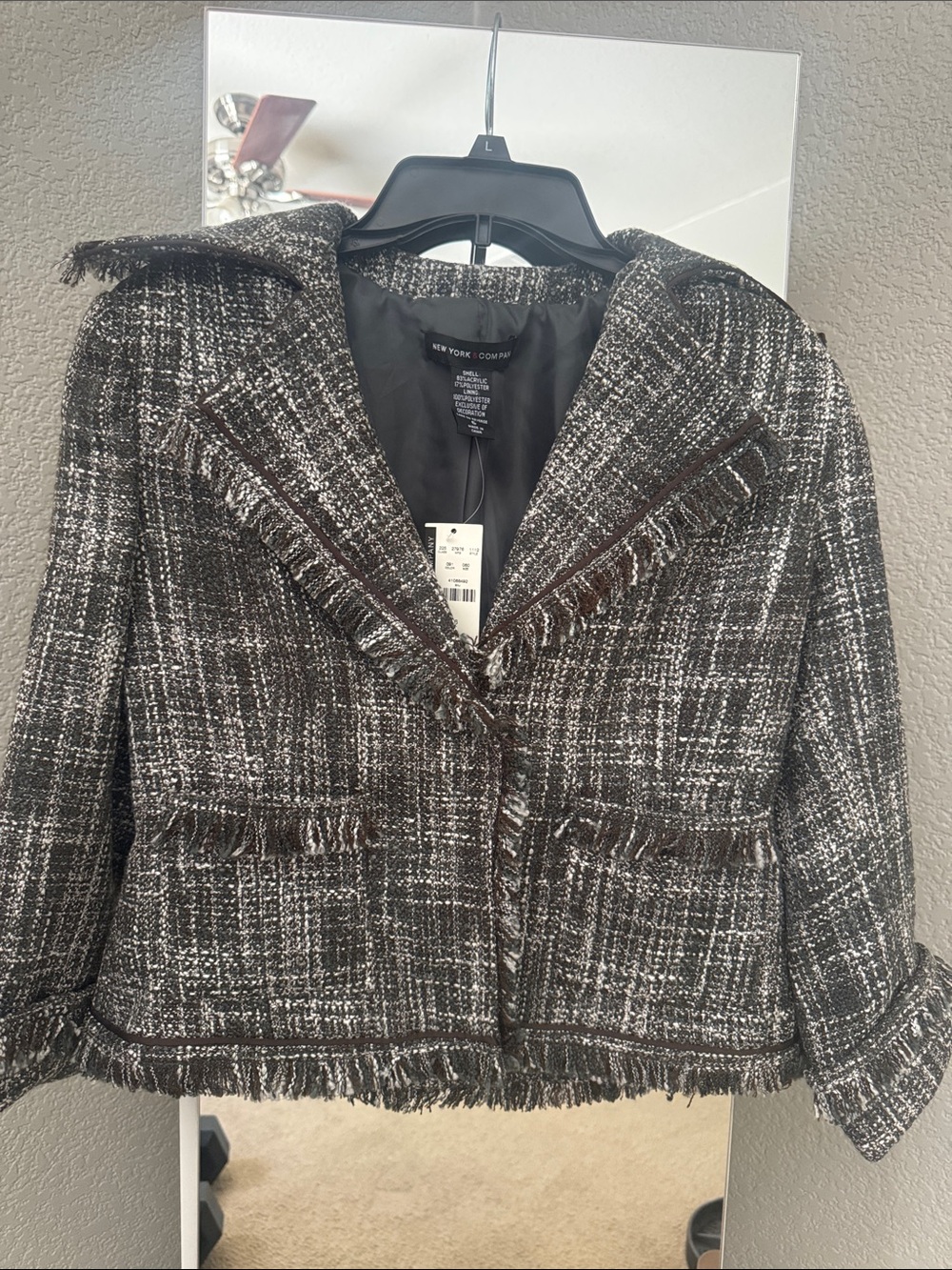 New York & Company Brown and White Tweed Fringed Blazer